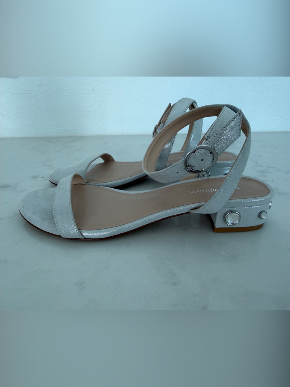Stuart Weitzman Silver-Tone Ankle Strap Sandals with Gem Accent